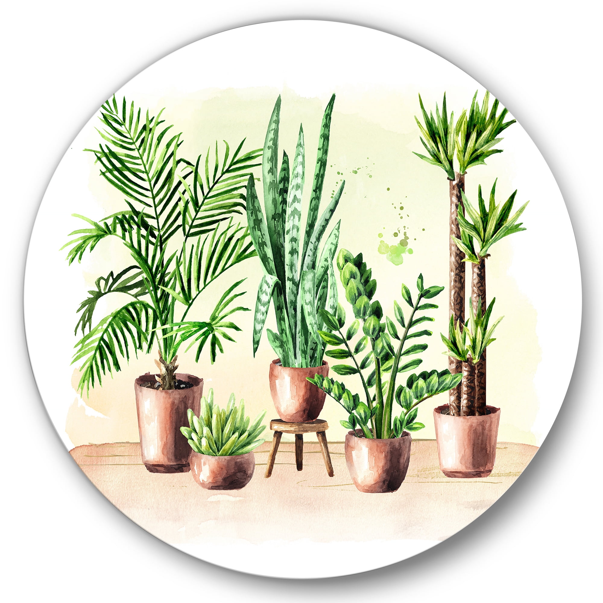 Designart 'Indoor Green Home House Plants in Pots I' Traditional Circle Metal Wall Art 29x29 - Disc of 29