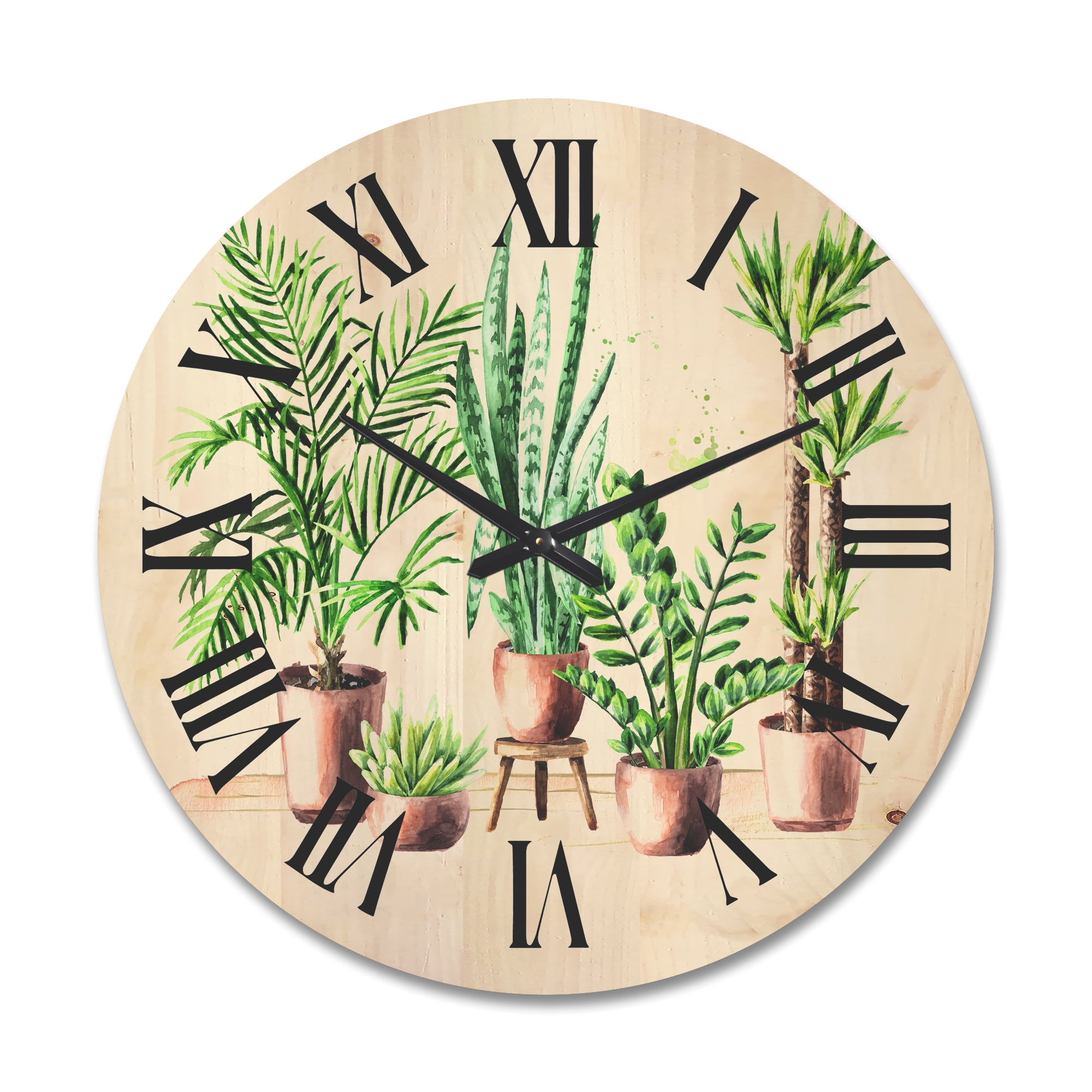 Designart 'Indoor Green Home House Plants in Pots I' Traditional Wood Wall Clock