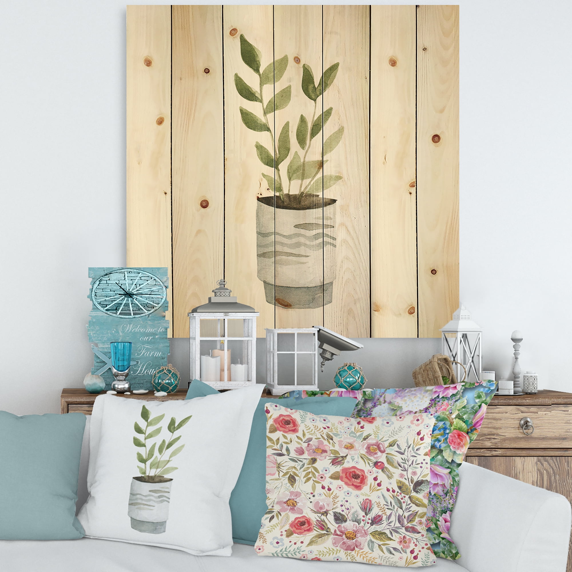 Designart 'Indoor Green Home House Plants in Pots II' Traditional Print on Natural Pine Wood