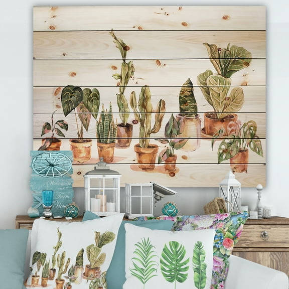 Designart 'Indoor House Plants Urban Jungle in Flowerpots I' Traditional Print on Natural Pine Wood