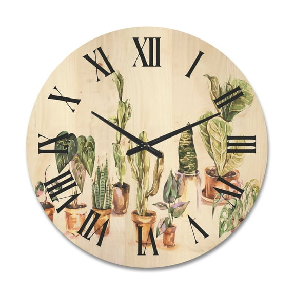 Designart 'Indoor House Plants Urban Jungle in Flowerpots I' Traditional Wood Wall Clock