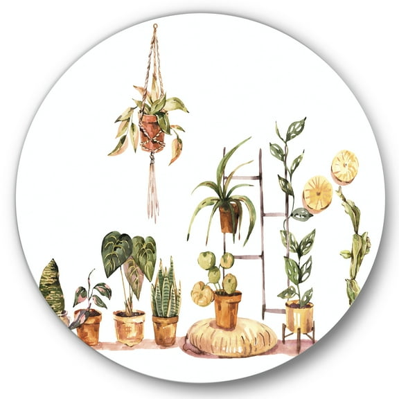 Designart 'Indoor House Plants Urban Jungle in Flowerpots II' Traditional Circle Metal Wall Art 36x36 - Disc of 36