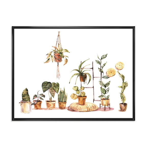 Designart 'Indoor House Plants Urban Jungle in Flowerpots II' Traditional Framed Canvas Wall Art Print