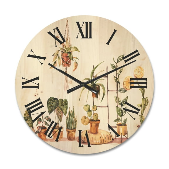 Designart 'Indoor House Plants Urban Jungle in Flowerpots II' Traditional Wood Wall Clock