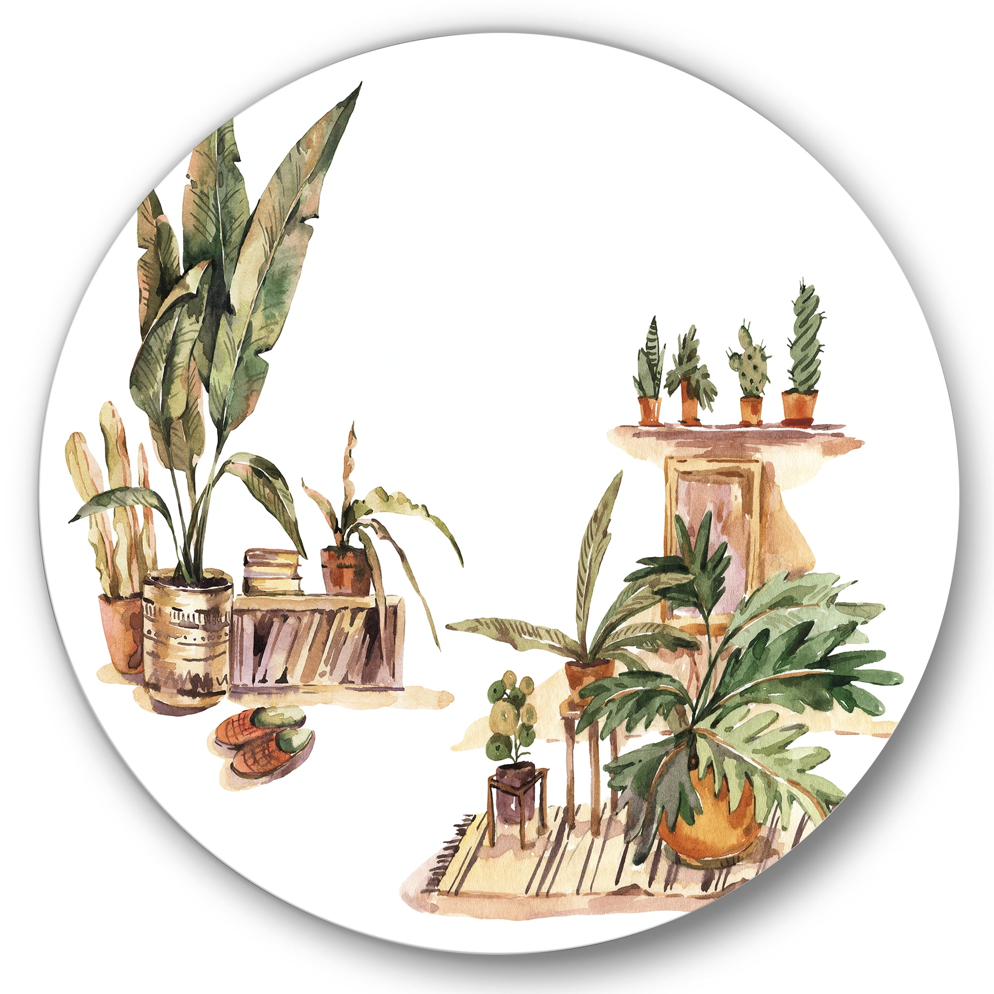 Designart 'Indoor House Plants Urban Jungle in Flowerpots III' Traditional Circle Metal Wall Art 29x29 - Disc of 29