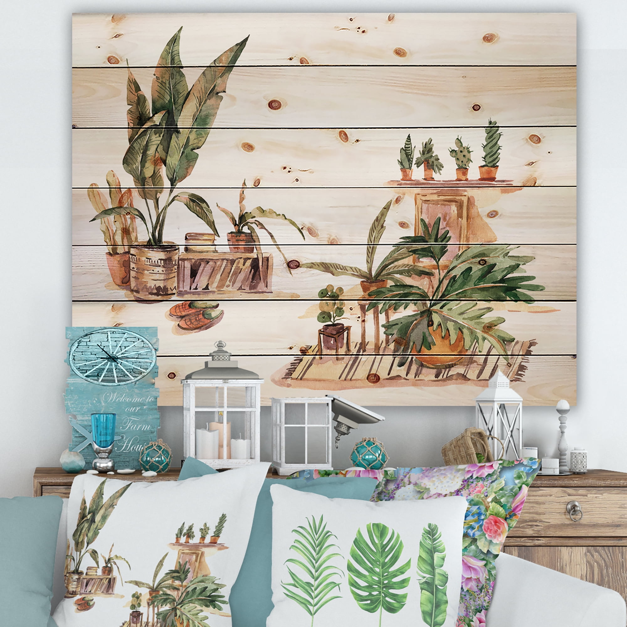 Designart 'Indoor House Plants Urban Jungle in Flowerpots III' Traditional Print on Natural Pine Wood