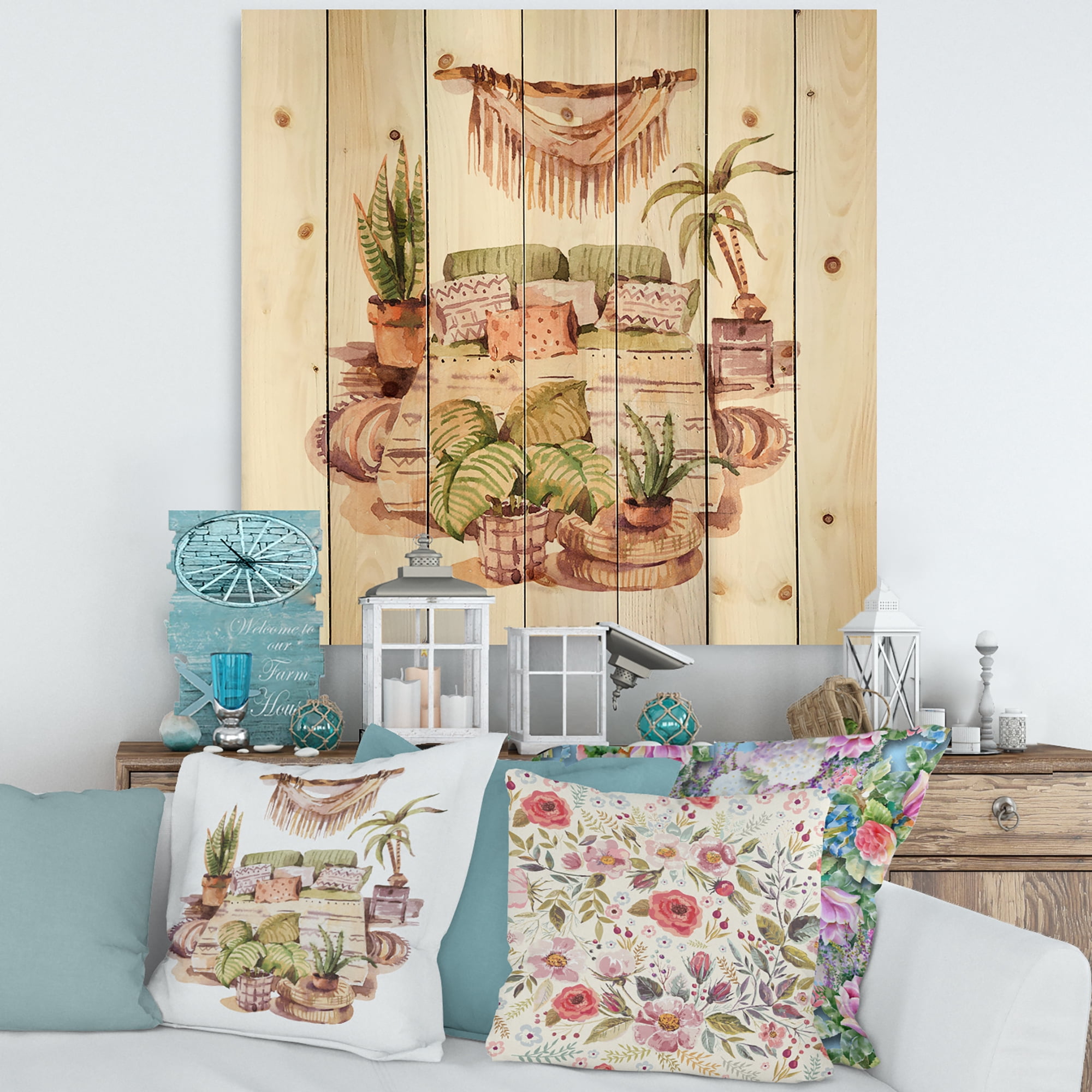 Designart 'Indoor House Plants Urban Jungle in Flowerpots IV' Traditional Print on Natural Pine Wood