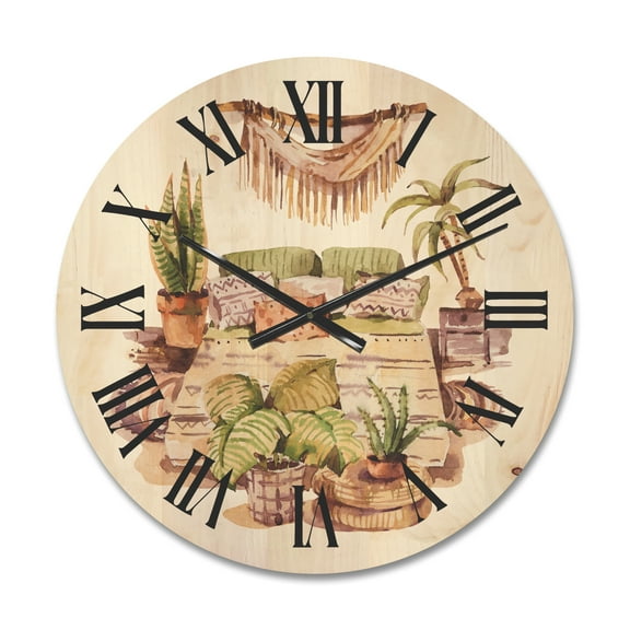 Designart 'Indoor House Plants Urban Jungle in Flowerpots IV' Traditional Wood Wall Clock