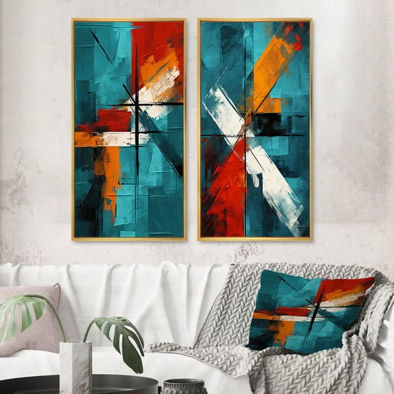 Designart "Ineffable Love Teal Abstract I" Abstract Painting Framed Wall Art Set Of 2 - Modern Red Framed Wall Art Set Of 2