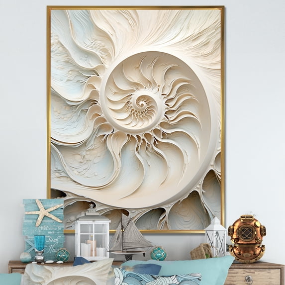 Designart "Infinite Ivory Seashell Spiral" Nautilus Floater Framed Canvas Wall Art