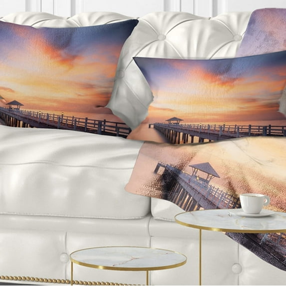 Designart Infinite Wooden Bridge under Clouds - Sea Bridge Throw Pillow - 12x20