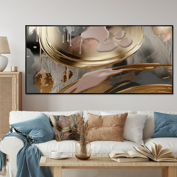 Designart "Infinity Circles in Golden and Pink Abstract IV" Extra Large Abstract Framed Wall Art - Modern Gold Abstract Liquid Ink Hallway Framed Wall Art Decor
