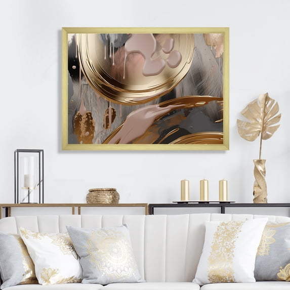 Designart "Infinity Circles in Golden and Pink Abstract IV" Abstract Framed Wall Art Decor - Modern Gold Abstract Liquid Ink Bedroom Framed Canvas Wall Art