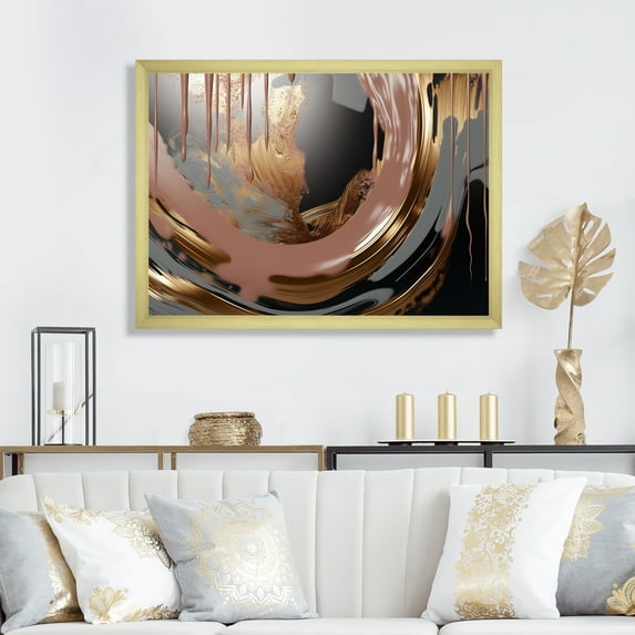 Designart "Infinity Rivers in Golden and Pink Abstract III" Abstract Framed Wall Art Decor - Modern Gold Abstract Liquid Ink Entryway Framed Wall Art Print