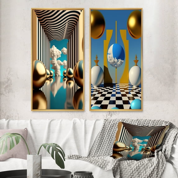 Designart "Infinity of Golden Spheres II" Modern Abstract Framed Wall Art Set Of 2 - Traditional Yellow Frame Gallery Set For Office Decor