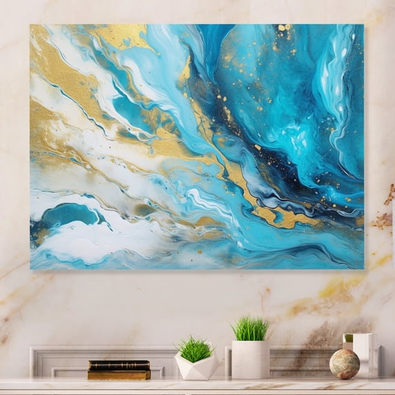 Designart "Infused Marble in Turquoise and Gold III" Fractals Metal Art Print