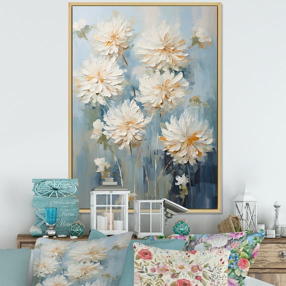 Designart "Ink-Blot Blooms: White And Blue Mums" Chrysanthemums Floater Framed Wall Decor
