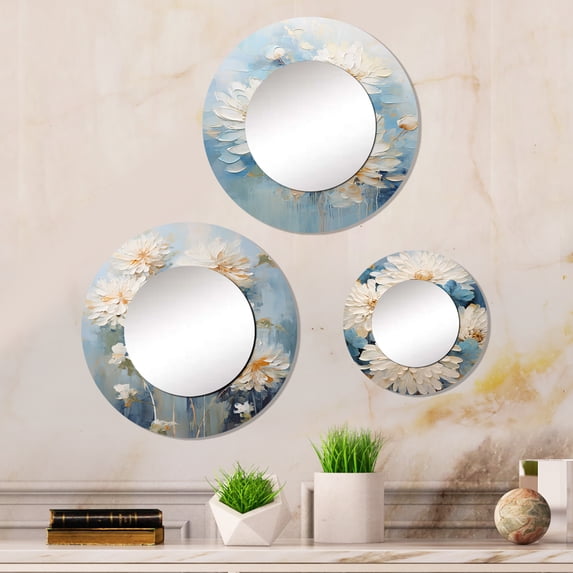 Designart "Ink-Blot Blooms: White And Blue Mums" Chrysanthemums Round Mirror Set Of 3 - Traditional White Round Living Room Wall Mirror Set