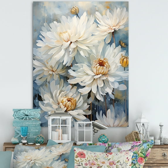 Designart "Ink-Blot Blooms: White And Blue Mums V" Chrysanthemums Wall Art Living Room