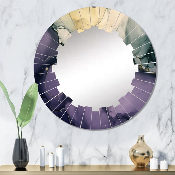 Designart "Ink Clouds of Purple and Grey Marble IV" Fractals Round Wall Mirror - Modern Oval Printed Decorative Oversized Mirror - Multiple Color Options