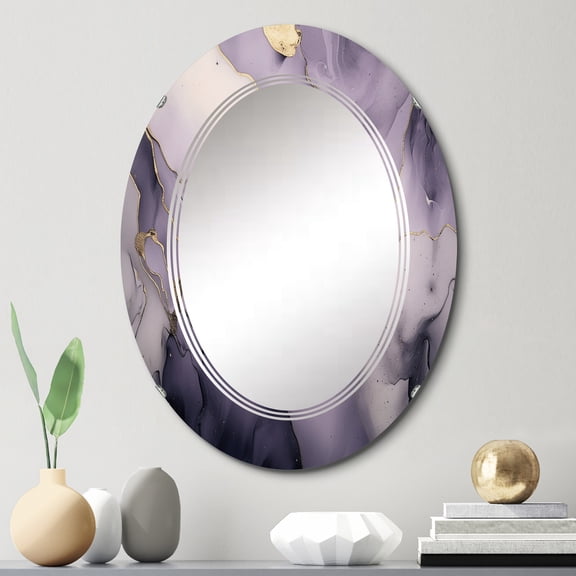 Designart "Ink Clouds of Purple and Grey Marble V" Fractals Round Wall Mirror - Modern Oval Printed Decorative Oversized Mirror - Multiple Color Options
