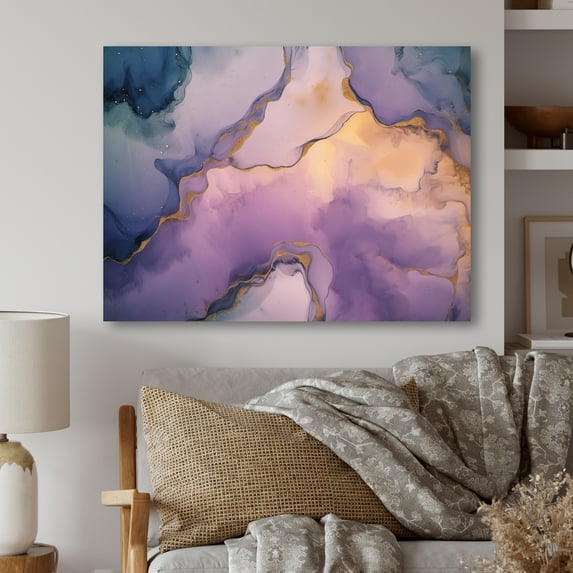 Designart "Ink Clouds of Purple and Grey Marble VI" Fractals Metal Art Print