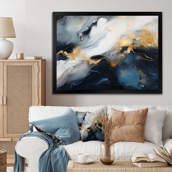 Designart "Ink Interpretation Gold and Blue Abstract Marble I" Abstract Framed Wall Art Decor - Modern Gold Abstract Marble Entryway Framed Wall Art Print