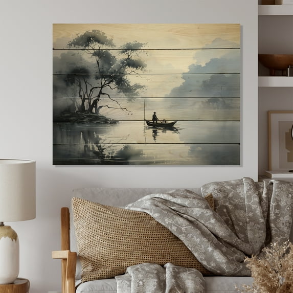 Designart "Ink Lake Asian Painting II" Asian Print on Natural Pine Wood
