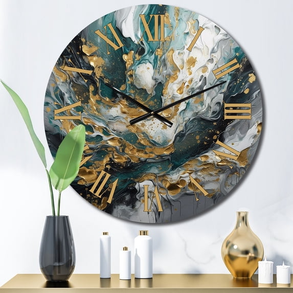 Designart "Ink On Stone Gold Teal Elegance" Abstract Oversized Wall Clock