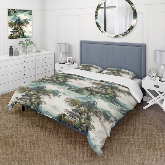 Designart "Inked Chinese Landscapes I" Green Chinese Bedding Covert Set - Oriental Bed Set With 2 Shams