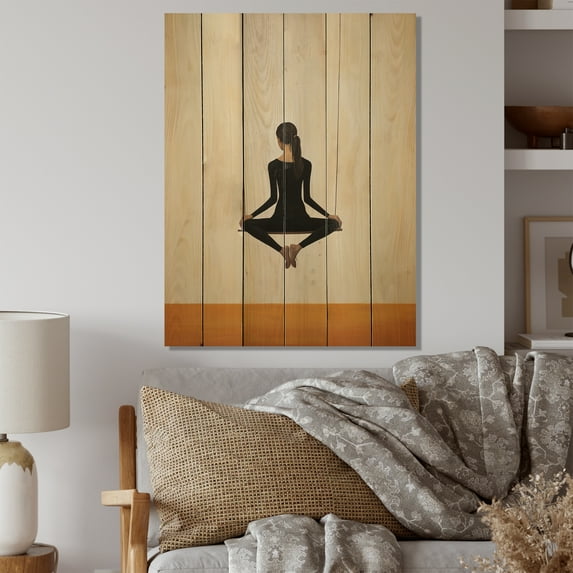 Designart "Inner Balance in Beige Yoga II" Yoga Print on Natural Pine Wood