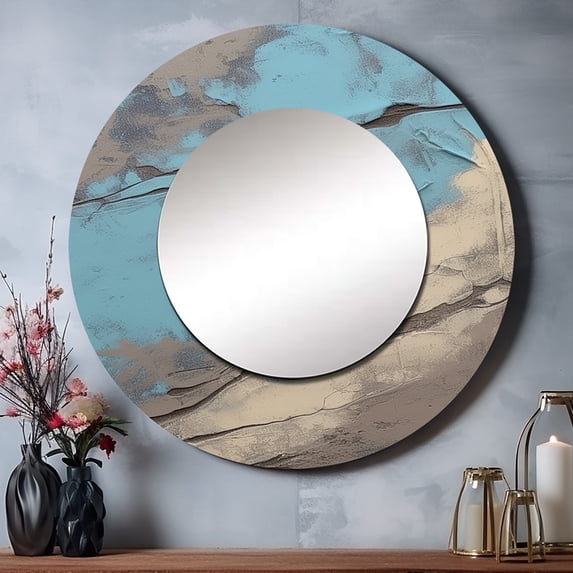 Designart "Inner Worlds of Marble in Beige and Blue" Modern Geometric Rund Mirror For Wall Decor - Large Beige Round Print Mirror - Round Modern Mirror - Wall Mounted Round Large Mirror - 29" x 29"