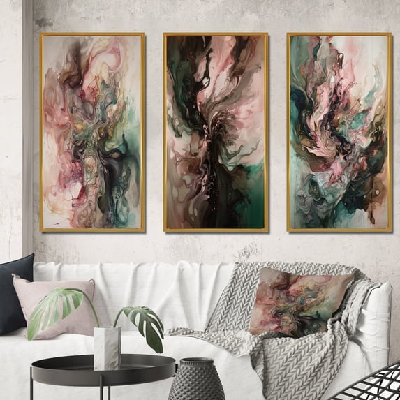 Designart "Inner Worlds of Marble Pink and Green III" Modern Geometric Framed Wall Art Set Of 3 - Pink Abstract Frame Canvas Set For Living Room Decor