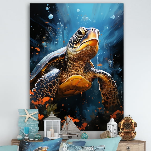 Designart "Inquisitive Marine Turtle IV" Animals Turtle Wall Art Prints