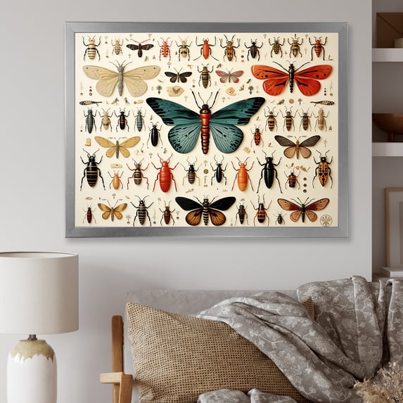 Designart "Insects and Bugs in Blue and Orange" Animals Framed Wall Art Decor - Modern Blue Insects & Bugs Living Room Framed Canvas Art