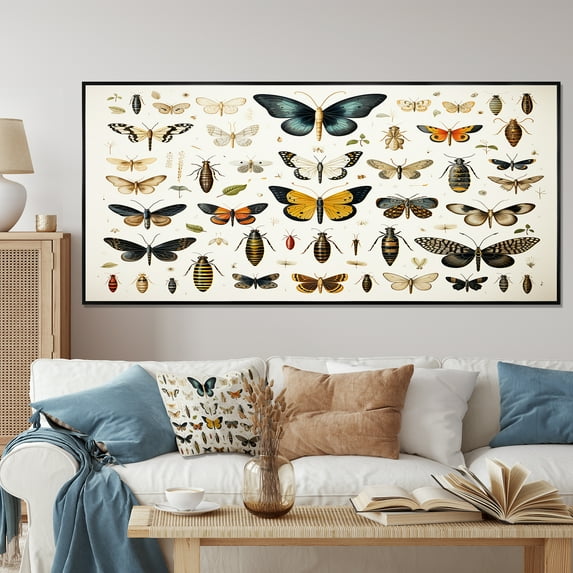 Designart "Insects and Bugs in Blue and Yellow" Extra Large Animals Framed Wall Art - Modern Blue Insects & Bugs Hallway Framed Wall Art Decor