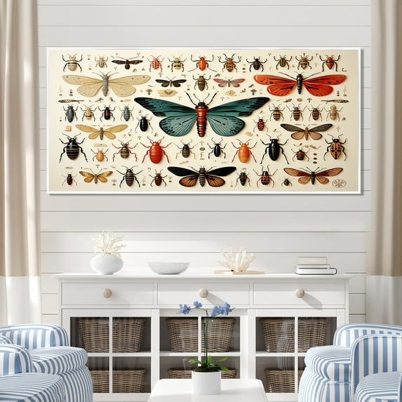Designart "Insects and Bugs in Orange and Blue" Oversized Animals Framed Wall Art - Modern Blue Insects & Bugs Bedroom Framed Canvas Wall Art