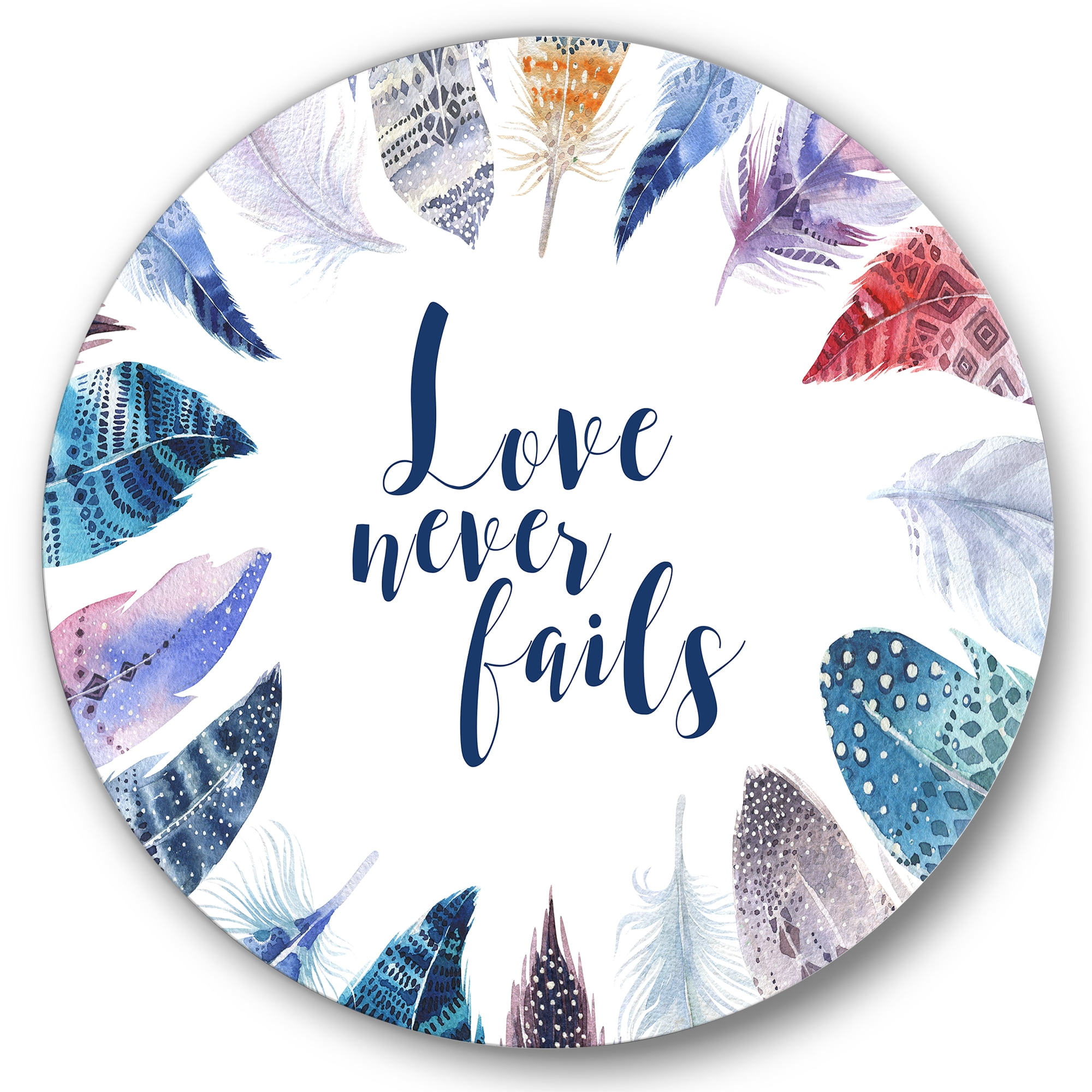 Designart 'Inspiring Quote With Boho Feathers' Bohemian & Eclectic Circle Metal Wall Art 36x36 - Disc of 36