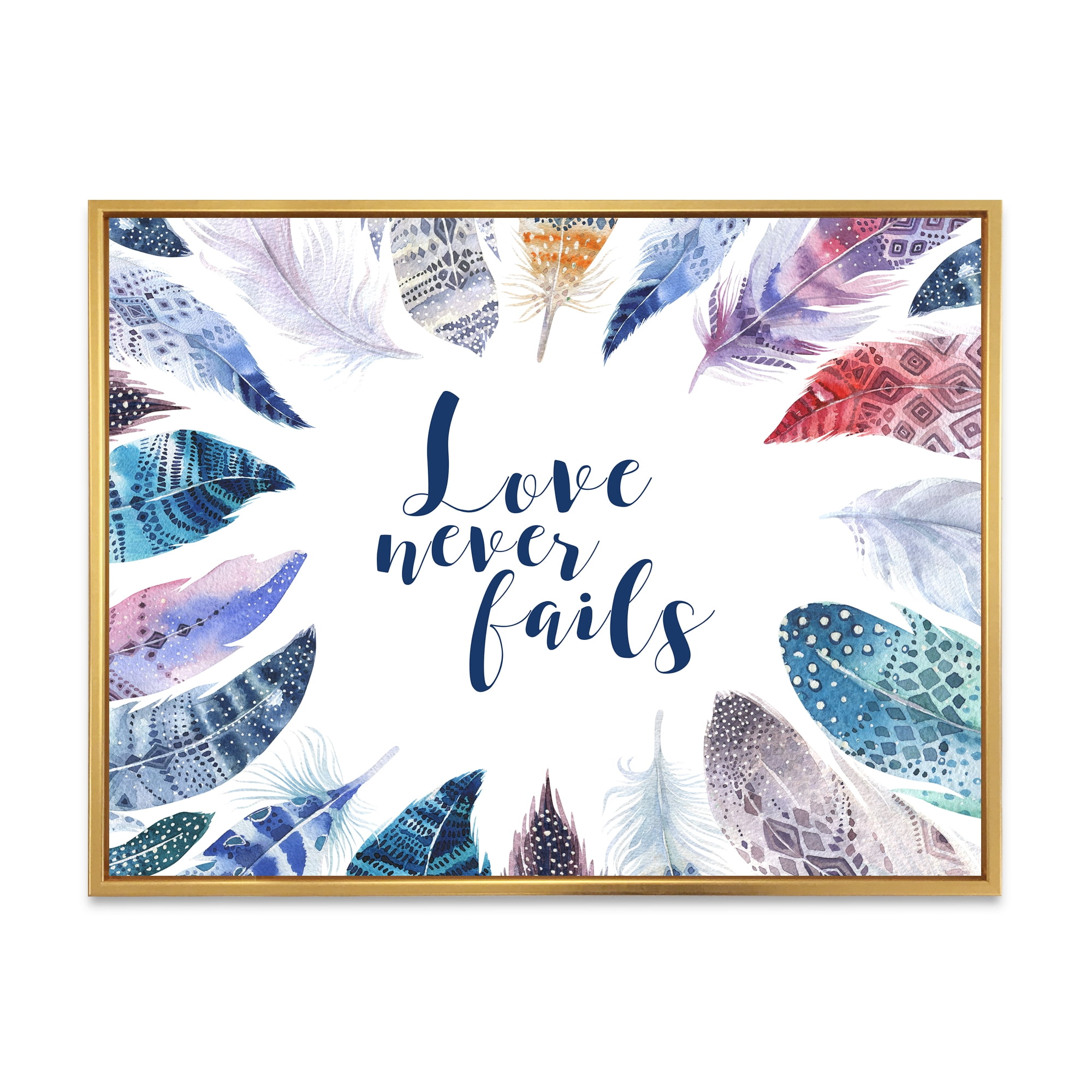 Designart 'Inspiring Quote With Boho Feathers' Bohemian & Eclectic Framed Canvas Wall Art Print