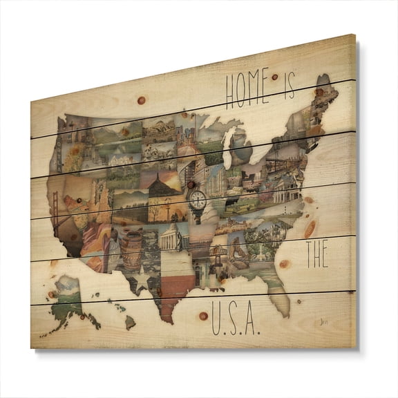 Designart 'InstaStates Monuments Map' Map Print on Natural Pine Wood