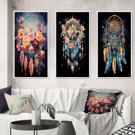 Designart "Intercepting Dreams with Dreamcatcher III" Dream Catcher Framed Wall Art Set Of 3 - Gold Dream Catcher Frame Gallery Set For Office Decor