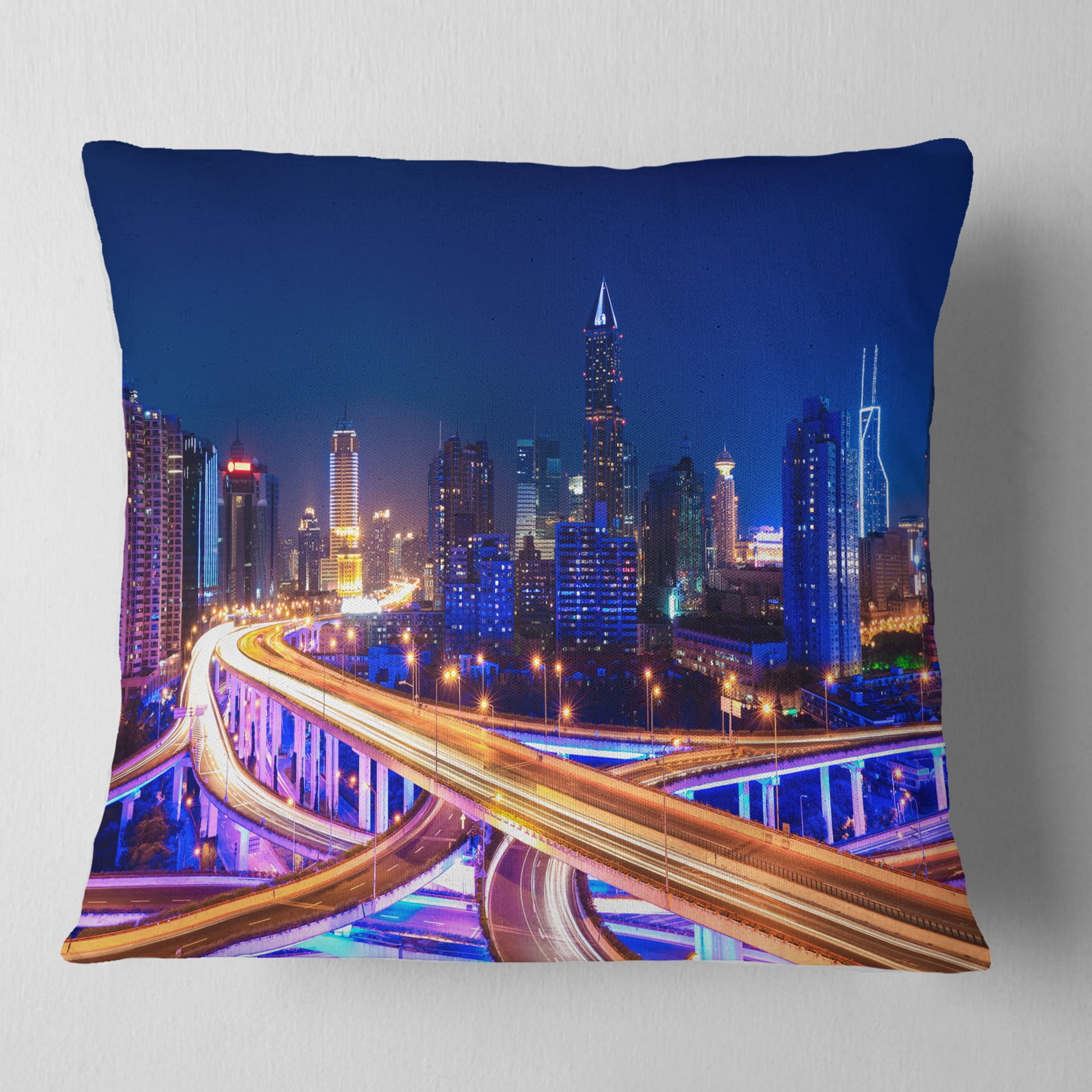 Designart Interchange Overpass at Night Skyline - Cityscape Throw Pillow - 16x16