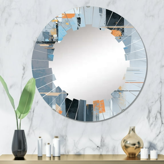 Designart "Interlocking Perspectives in Grey and Orange I" Cubism Round Wall Mirror - Modern Oval Printed Decorative Oversized Mirror - Multiple Color Options