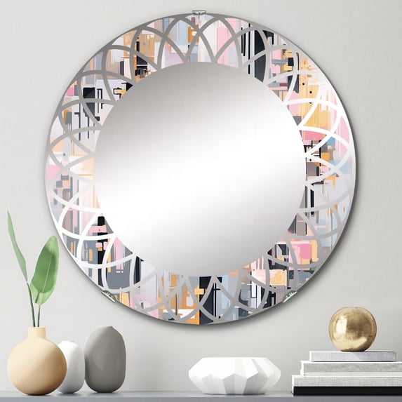 Designart "Interlocking Perspectives Pink Grey Composition" Cubism Round Wall Mirror - Modern Oval Printed Decorative Oversized Mirror - Multiple Color Options