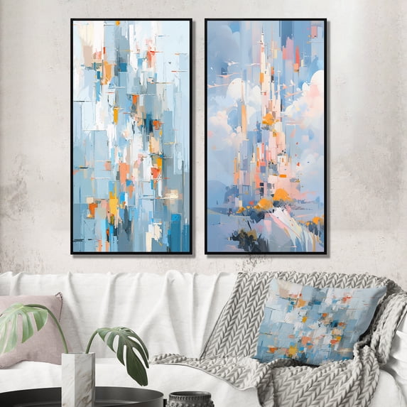 Designart "Interlocking Perspectives in Grey and Orange IV" Cubism Framed Wall Art Set Of 2 - Grey Abstract Gallery Wall Frame Set For Home Decor