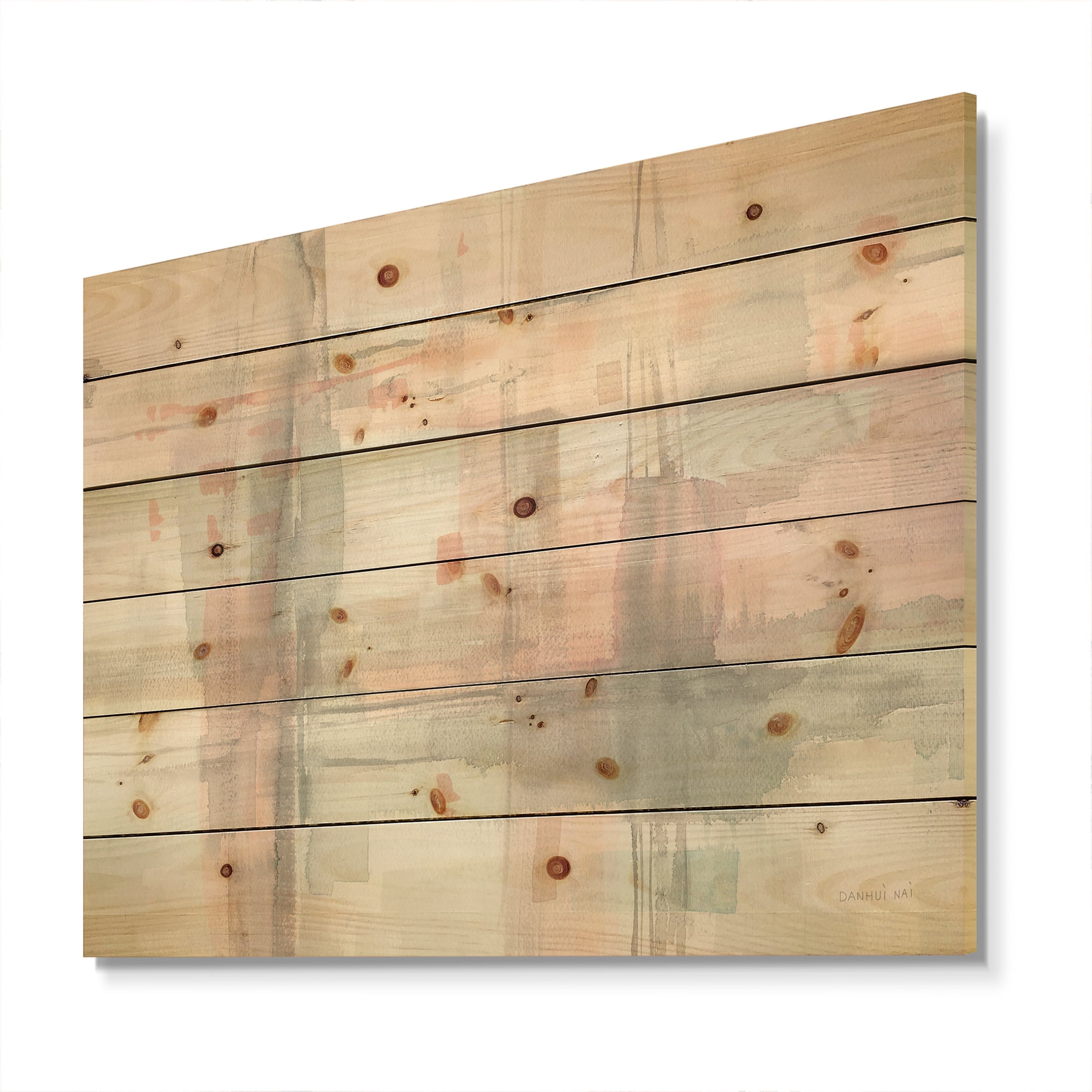 Designart 'Intersect II Grey' Pink Modern Print on Natural Pine Wood