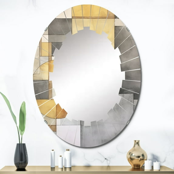 Designart "Intersecting Realities in Yellow and Grey I" Abstract Shapes Round Wall Mirror - Modern Oval Printed Decorative Oversized Mirror - Multiple Color Options