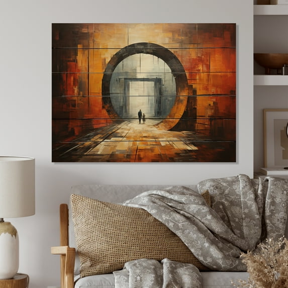 Designart "Interwoven Orange Tunnel" Tunnels Print on Natural Pine Wood
