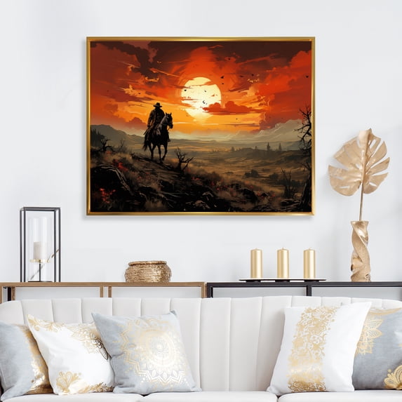 Designart "Into The Cowboy Riding wall art I" Cowboys Floater Framed Wall Art Print