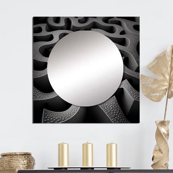 Designart "Into The Labyrinth Monochrome Maze II" Modern Geometric Square Mirror For Wall Decor - Large Black Square Printed Wall Mirror Art - Square Modern Mirror - Wall Mounted Square Large Mirror